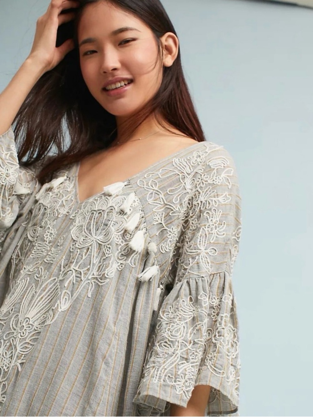 Mauve Gray and Gold Embroidered Boho Top